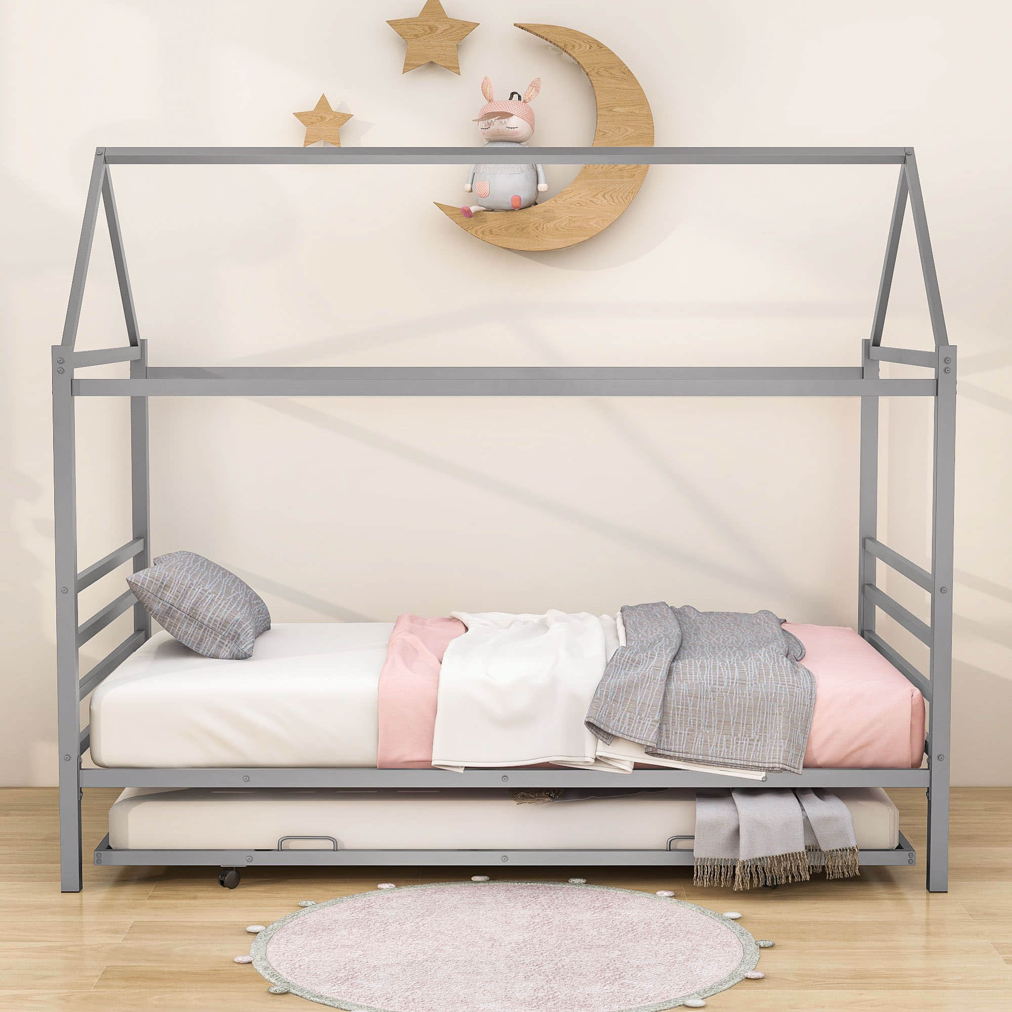 Metal Twin House Bed Frame with Twin Trundle Bed and Headboard