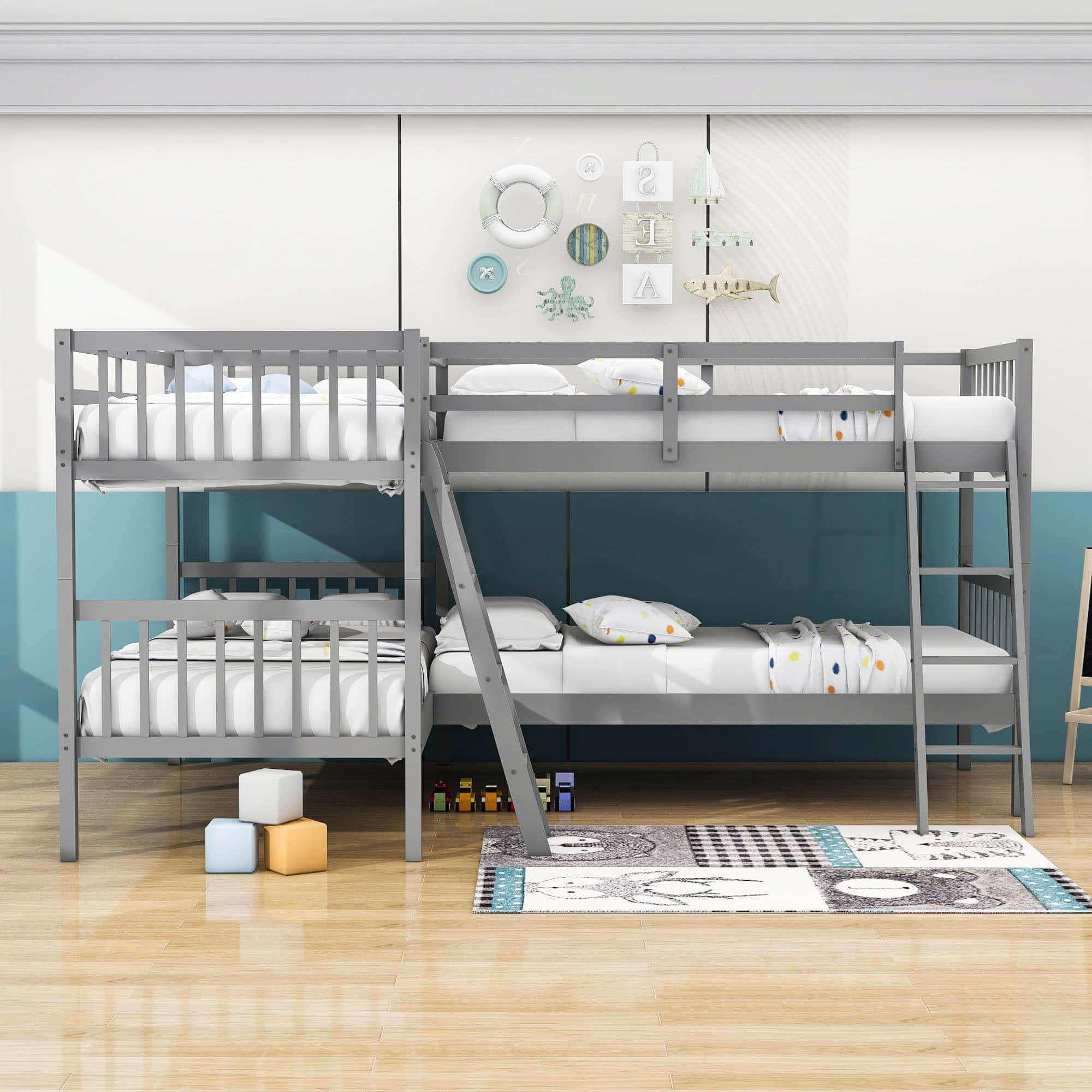 Convertible L-Shaped Quad Twin Bunk Beds for 4 Kids - [Wooden]