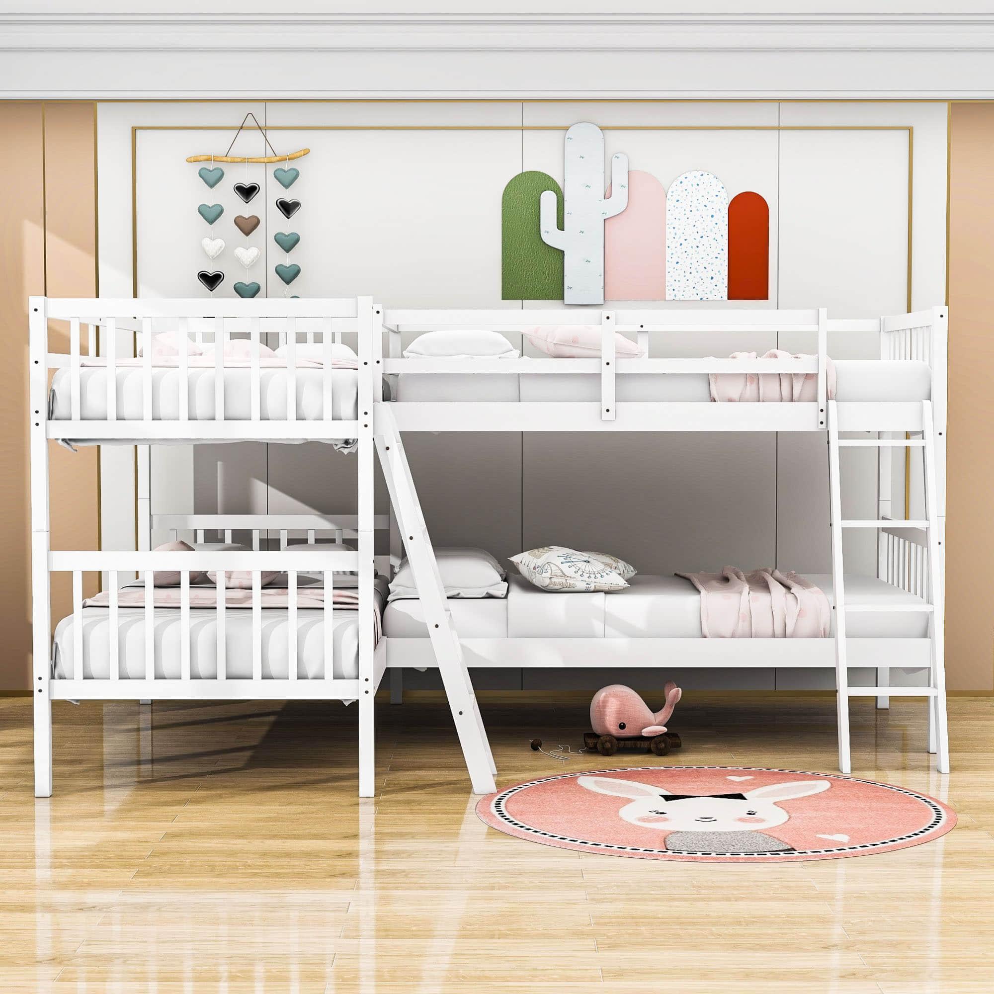 Convertible L-Shaped Quad Twin Bunk Beds for 4 Kids - [Wooden]