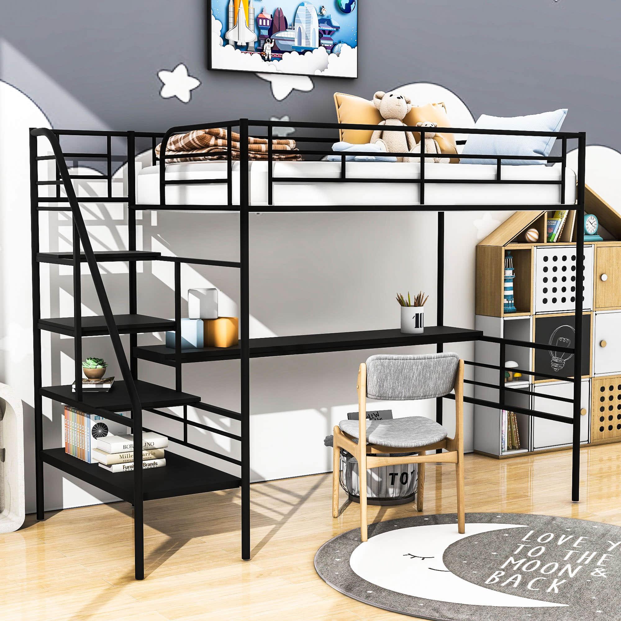 Metal High Twin Size Loft Bed Frame with Desk and Stairs for Adults, Kids