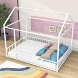 Full Size Metal House Toddler Floor Bed with Rails for Boys and Girls