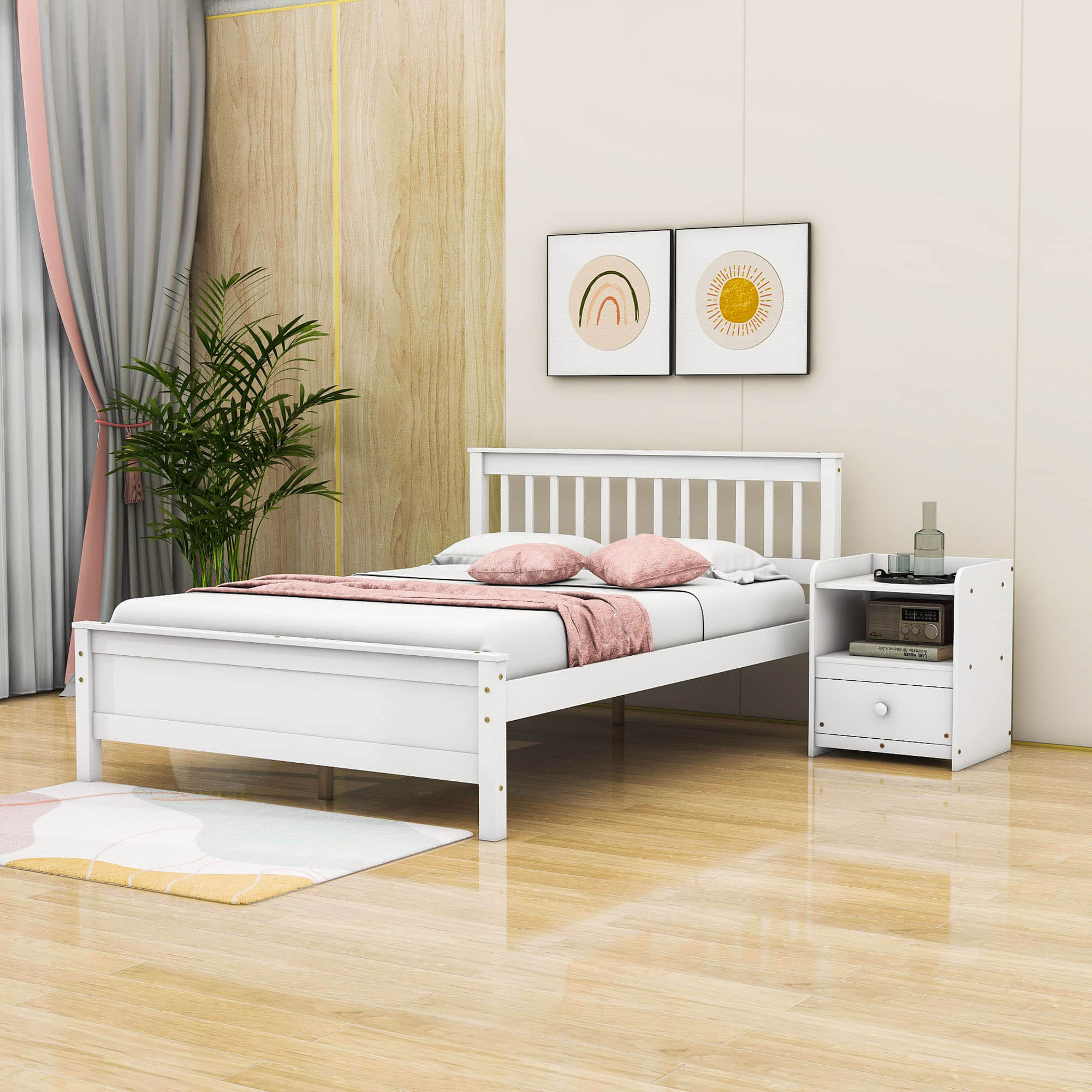 2 Pieces Full Size Platform Bed Frame with Nightstand Bedroom Set