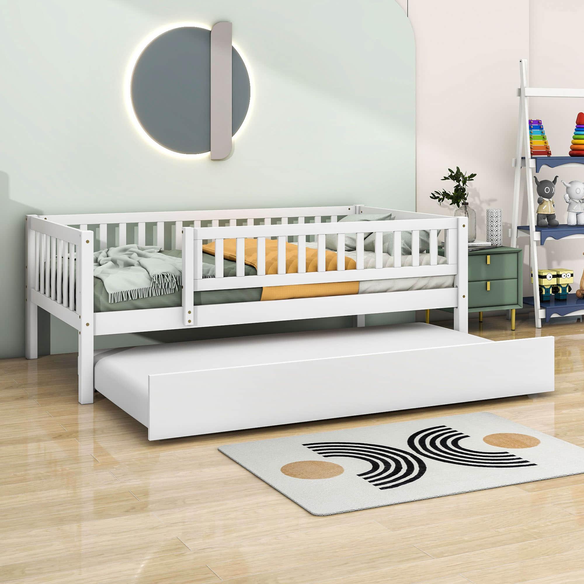 Wooden Twin Low Kids Bed with Twin Size Trundle and Rails