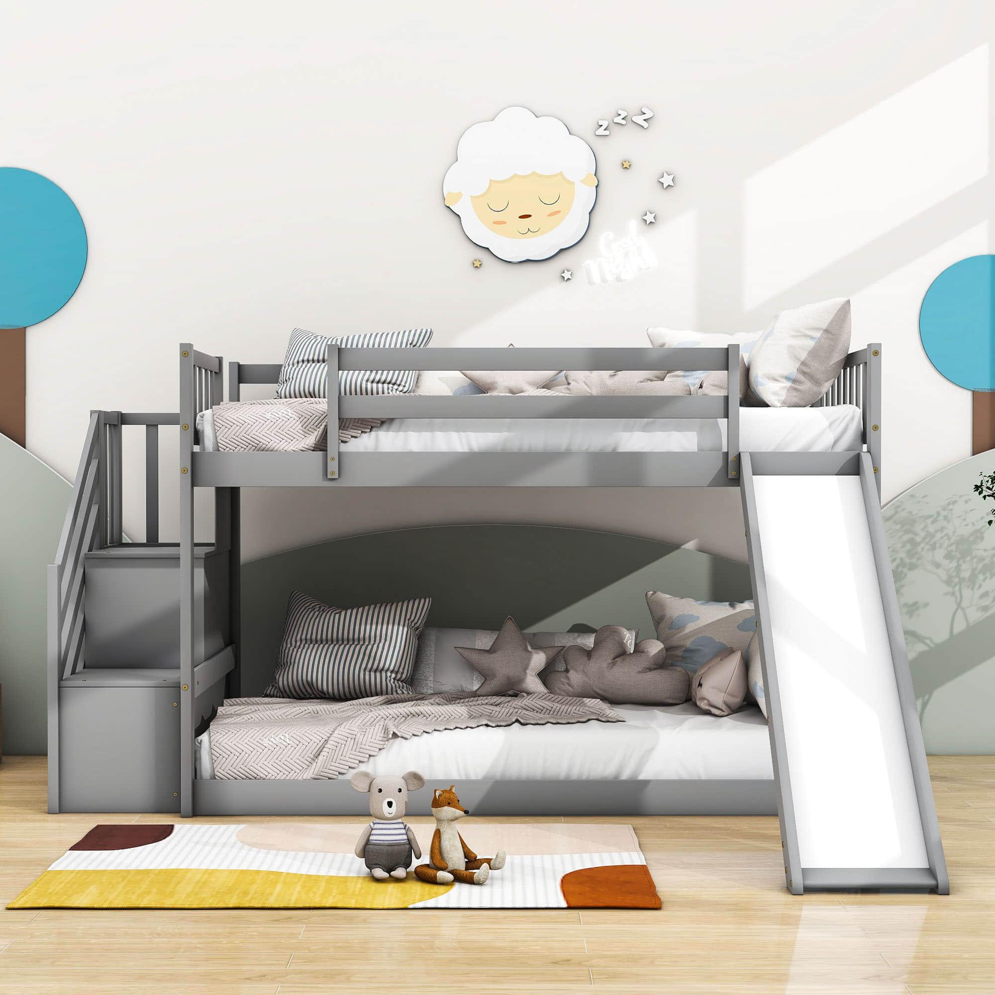 Low Twin Over Twin Toddler Bunk Beds with Stairs and Slide - [Floor]