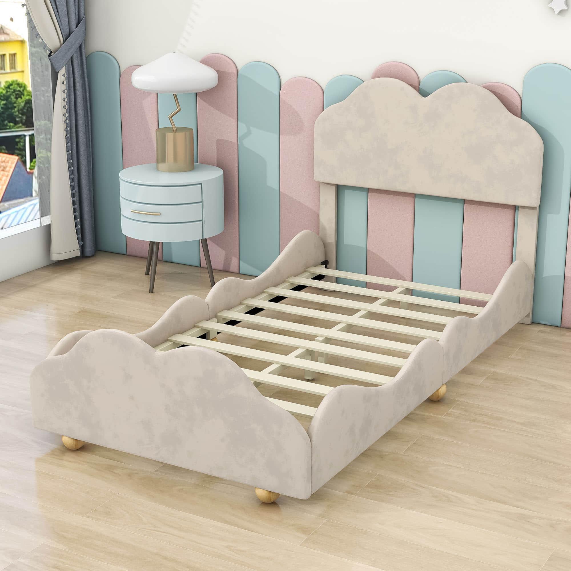 Twin Upholstered Princess Platform Bed Frame with Headboard for Girls