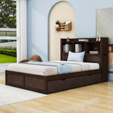 Full Platform Bed Frame with Twin Trundle Bed and Storage Headboard