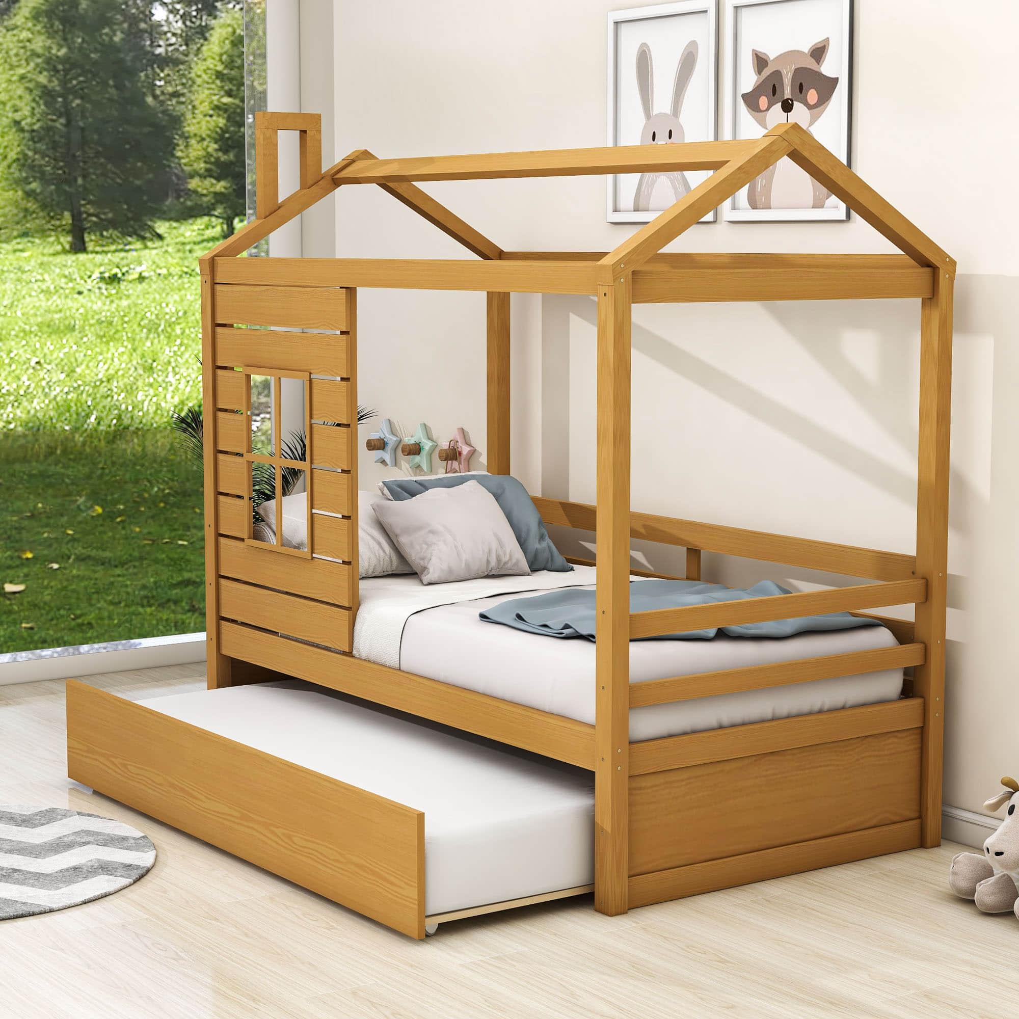 Kids Twin House Bed with Twin Trundle Bed and Rails