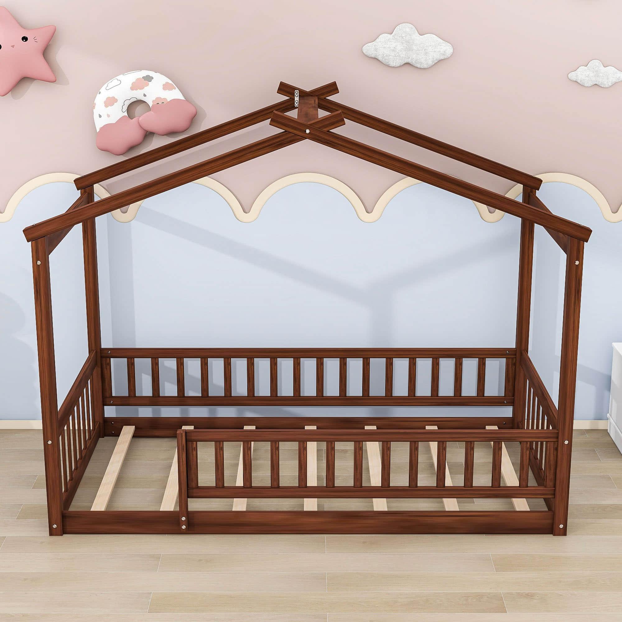 Twin Wood House Kids Toddler Floor Bed with Rails