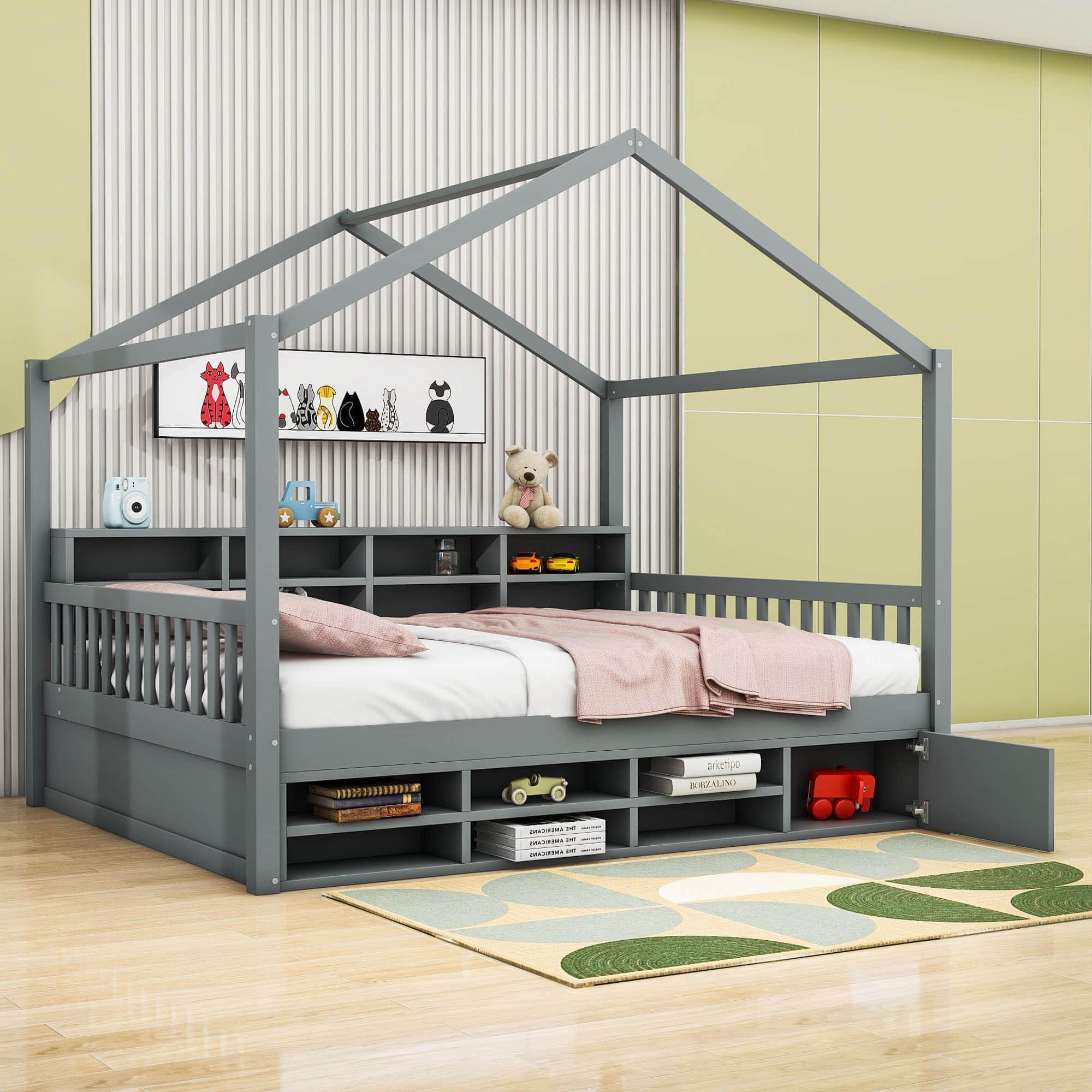 Wood Full House Kids Storage Bed Frame with Shelves and Mini-Cabinet