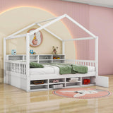 Wood Full House Kids Storage Bed Frame with Shelves and Mini-Cabinet