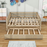 Wooden Full Size Low Kids Bed with Twin Size Trundle and Rails