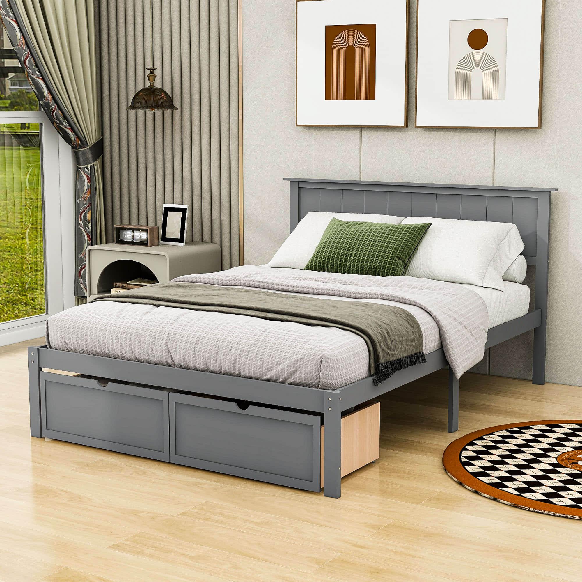 Full Size Platform Bed Frame with Under bed Storage - [Wooden, Drawers]