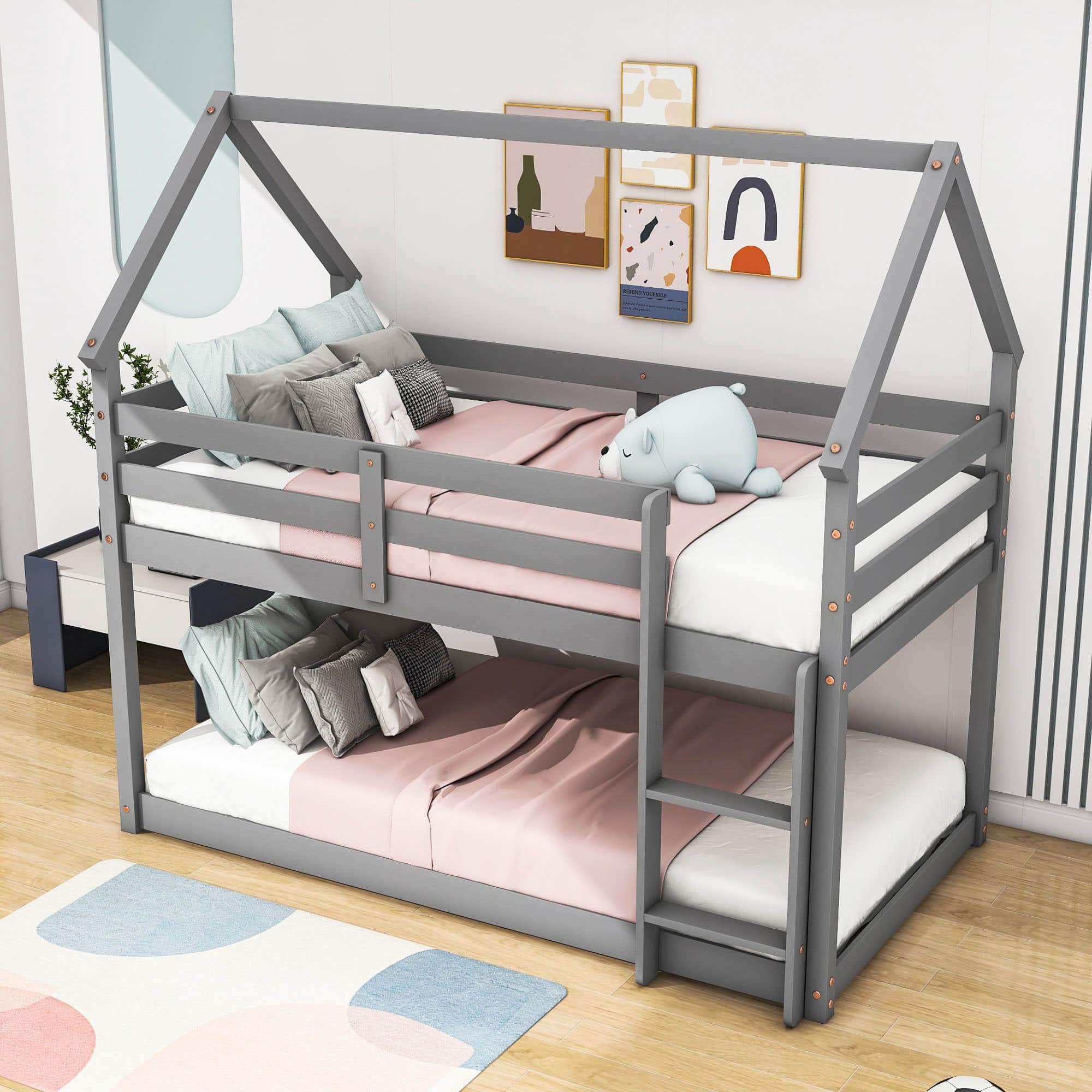 Small Low Twin Over Twin House Floor Bunk Beds for Kids, Toddler