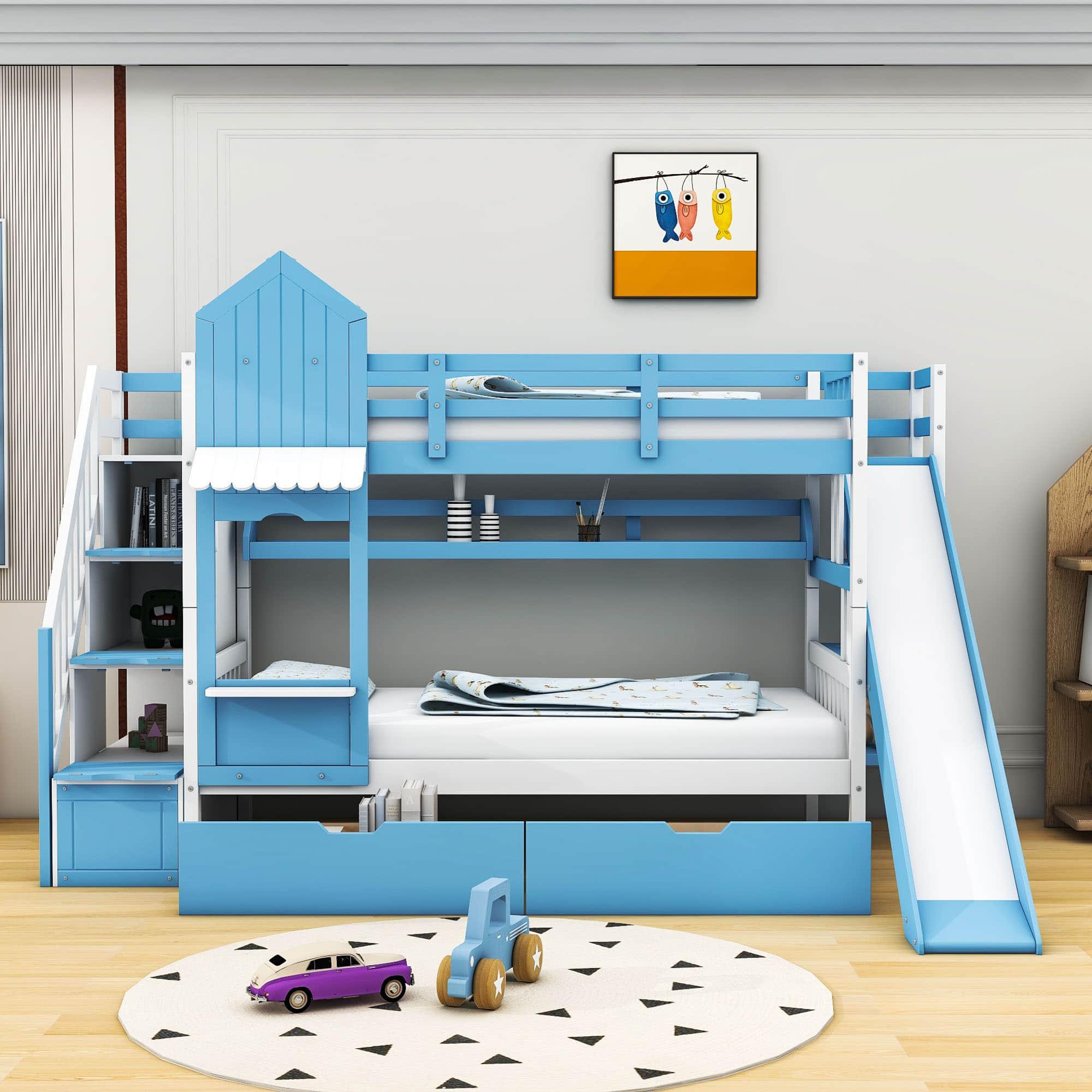 Girls Twin Over Twin Castle Bunk Bed with Slide and Stairs, Storage