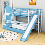 Girls Twin Over Twin Castle Bunk Bed with Slide and Stairs, Storage