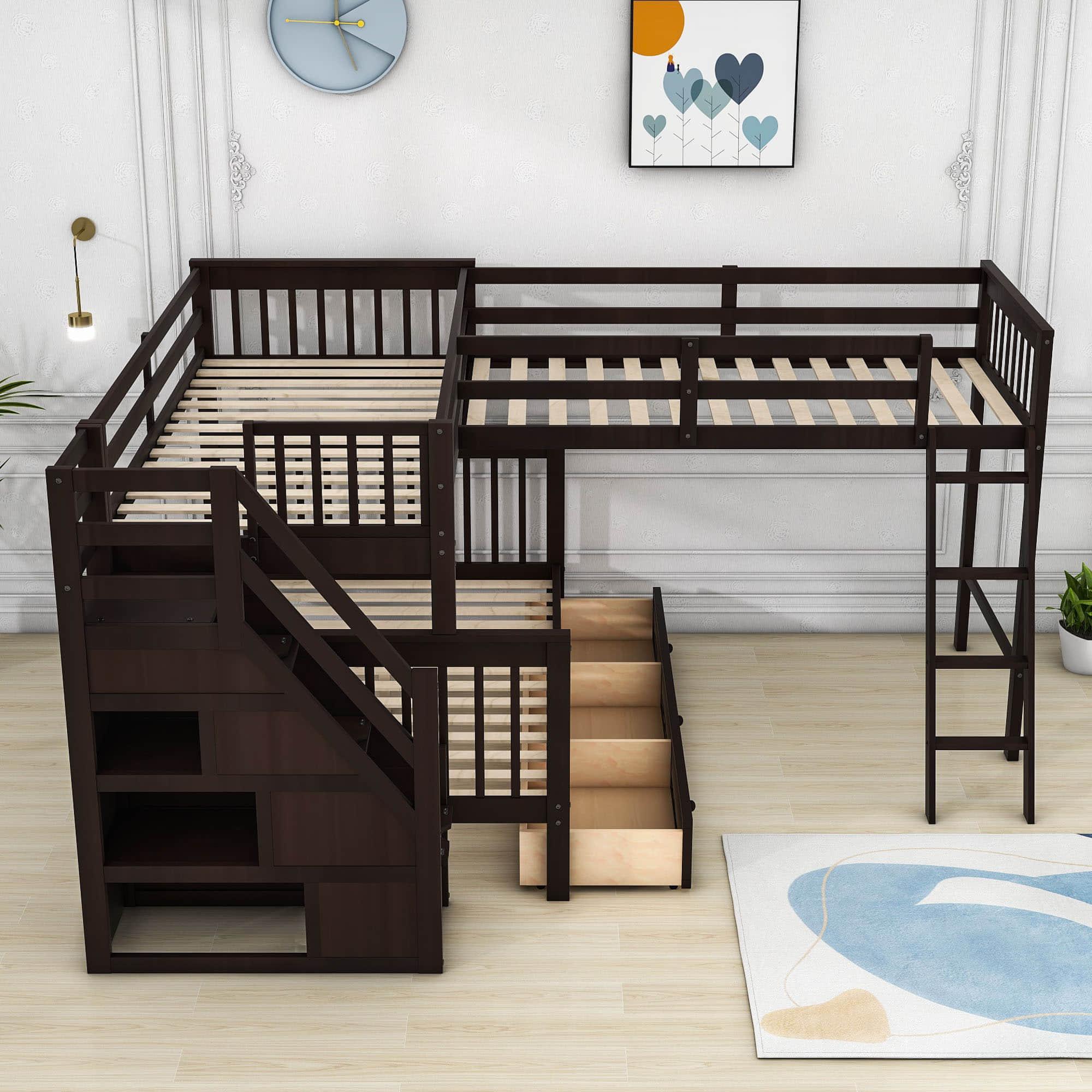 Twin Over Full Corner Loft Bunk Beds with Stairs and Storage - [Wood, Triple, Drawers]