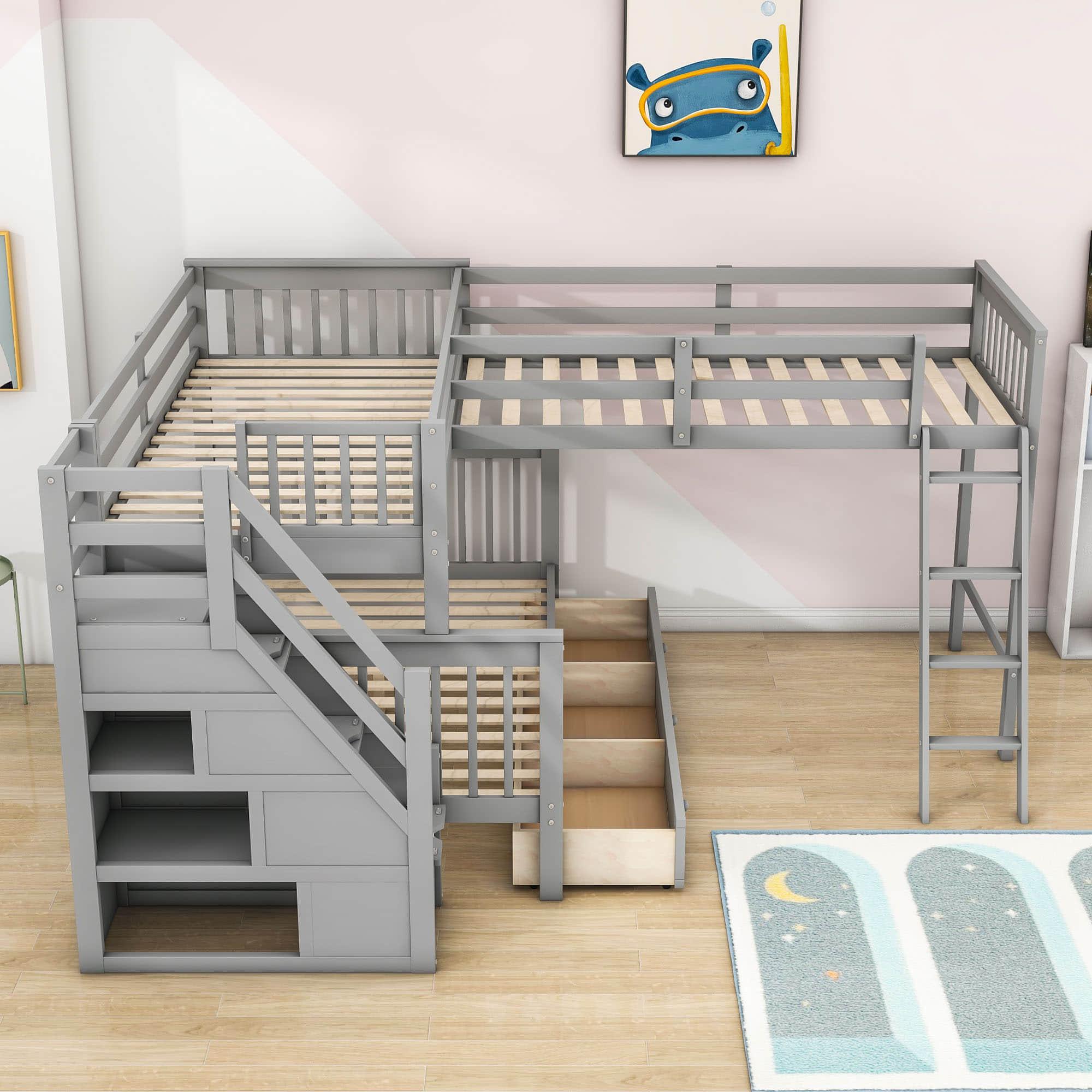 Twin Over Full Corner Loft Bunk Beds with Stairs and Storage - [Wood, Triple, Drawers]