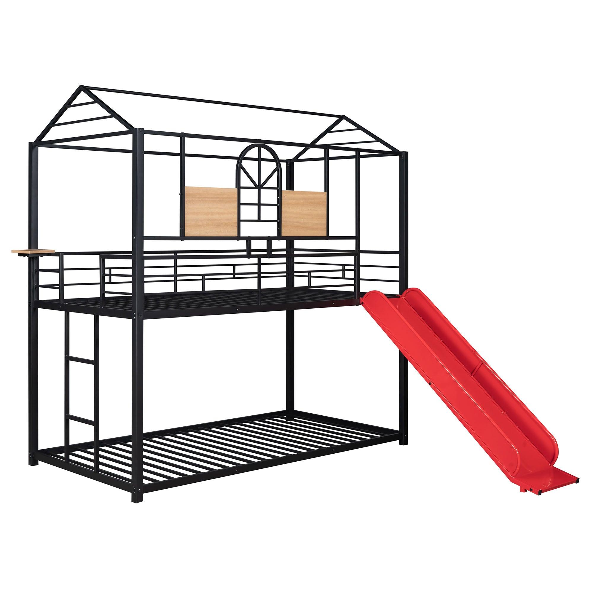 Low House Twin Over Twin Bunk Beds with Slide for Kids Toddler - [Metal]