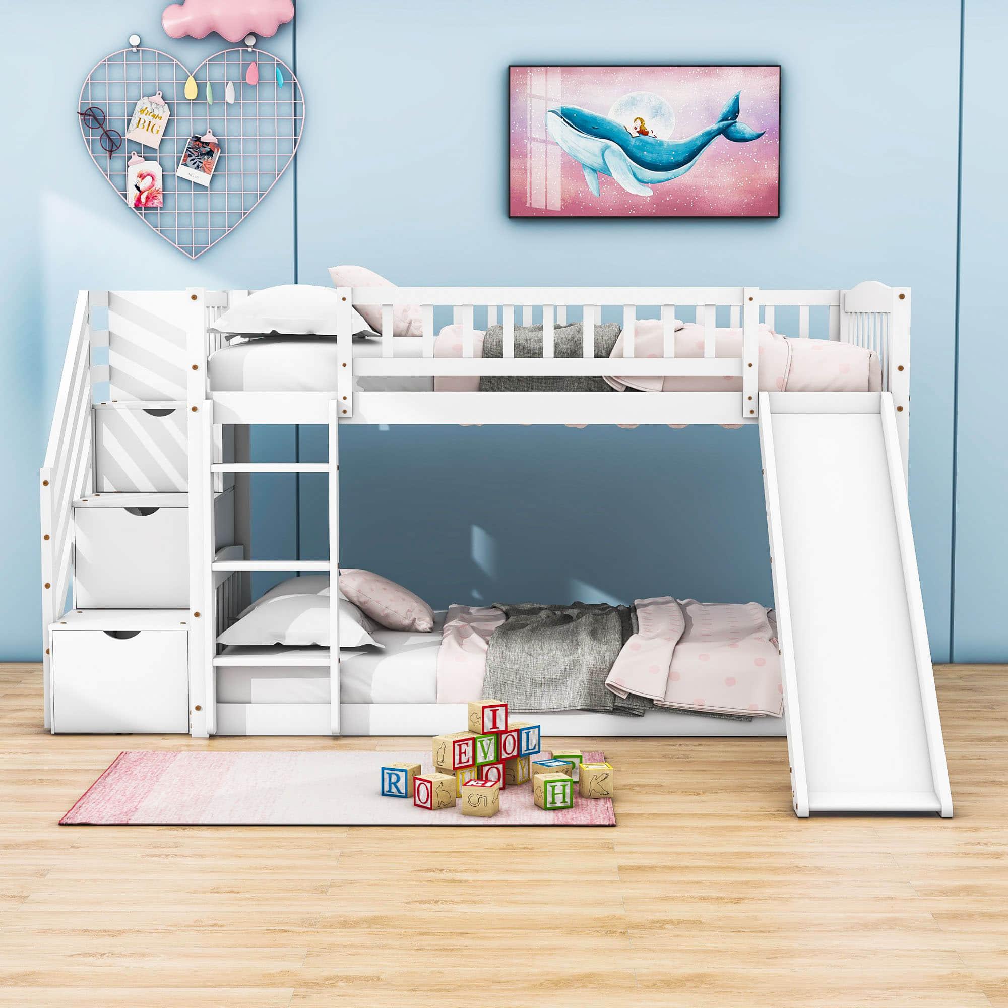 Twin Over Twin Bunk Beds with Slide and Stairs for Kids, Toddler - [Storage, Wood, Interchangeable]