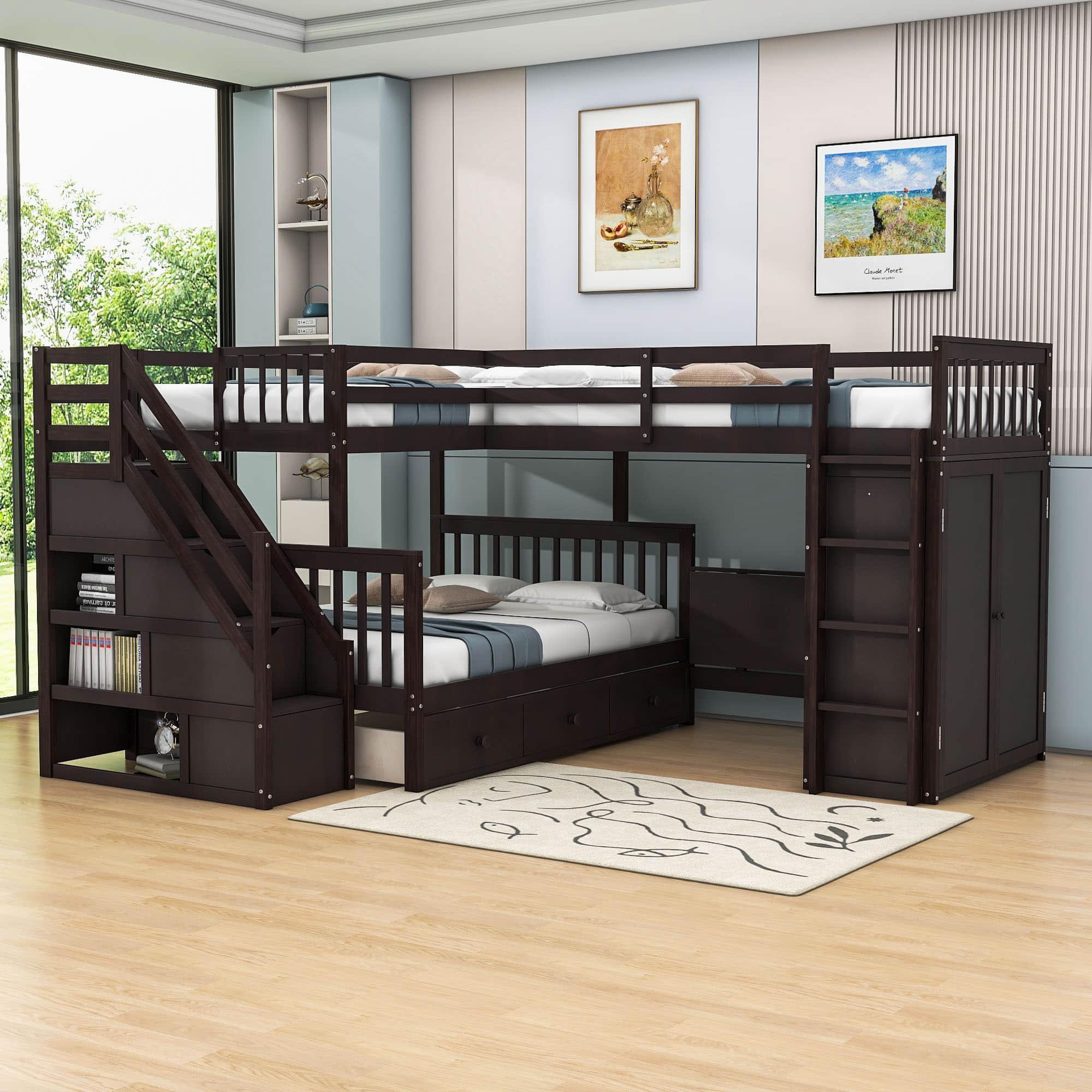 Twin Over Full Loft Triple Bunk Beds with Desk and Storage Stairs - [Drawers, Wardrobe]