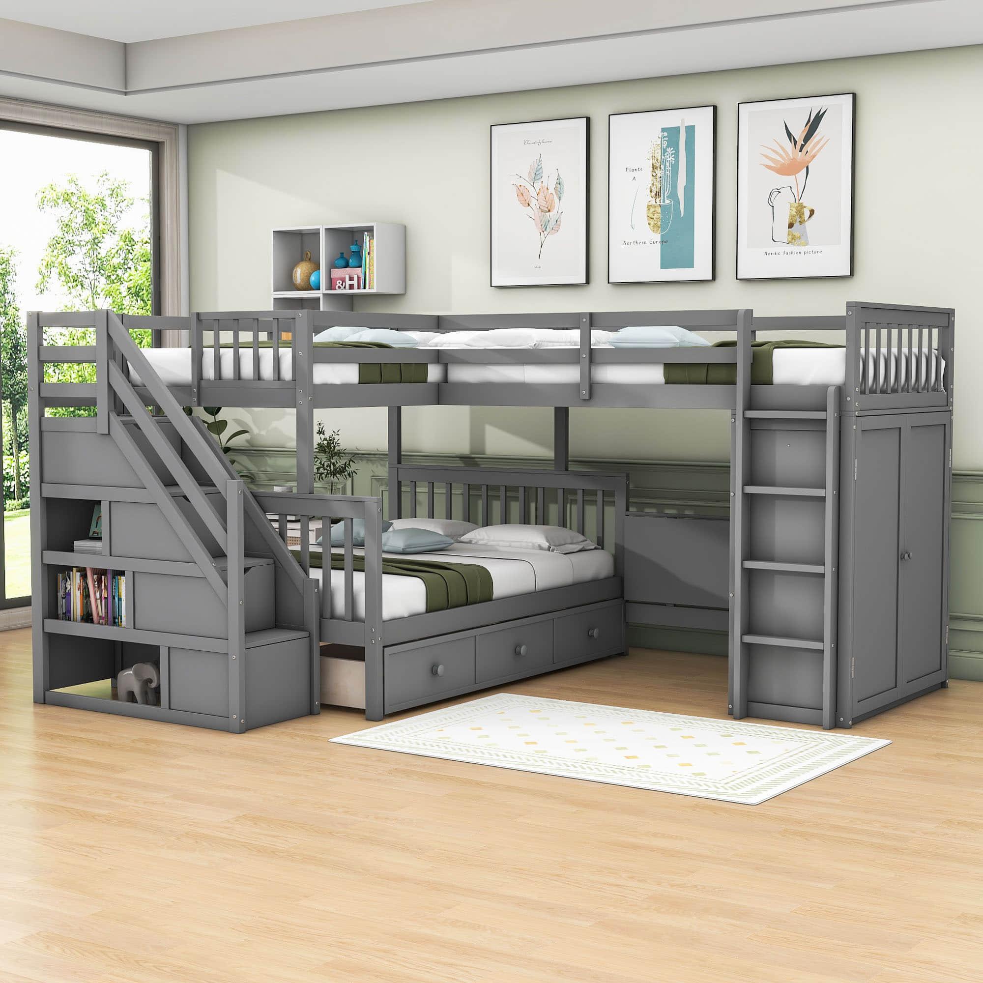 Twin Over Full Loft Triple Bunk Beds with Desk and Storage Stairs - [Drawers, Wardrobe]