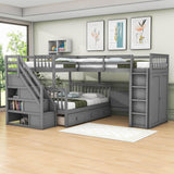 Twin Over Full Loft Triple Bunk Beds with Desk and Storage Stairs - [Drawers, Wardrobe]