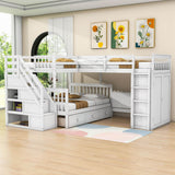 Twin Over Full Loft Triple Bunk Beds with Desk and Storage Stairs - [Drawers, Wardrobe]