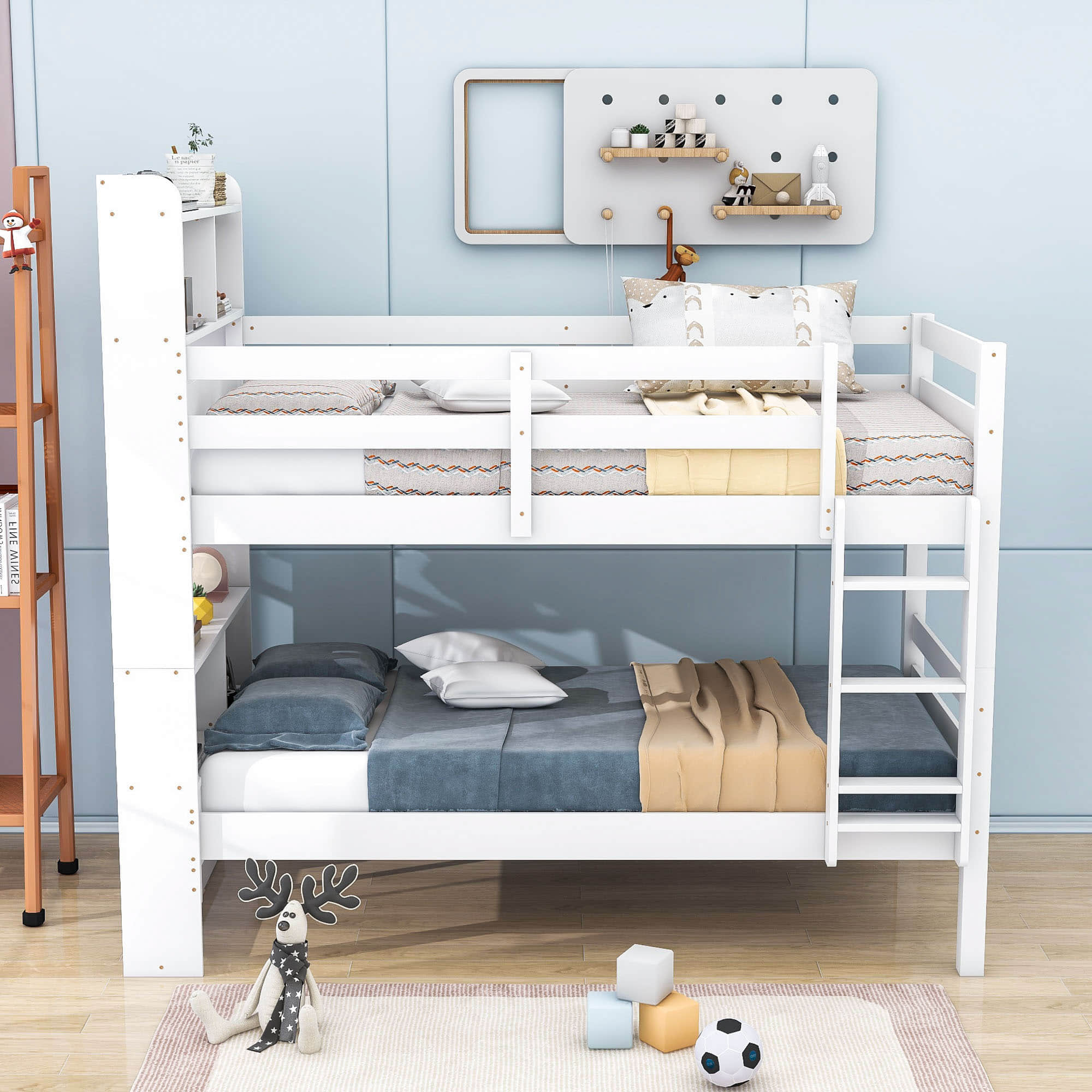 Solid Wood Convertible Twin Over Twin Bunk Beds with Bookcase Headboard