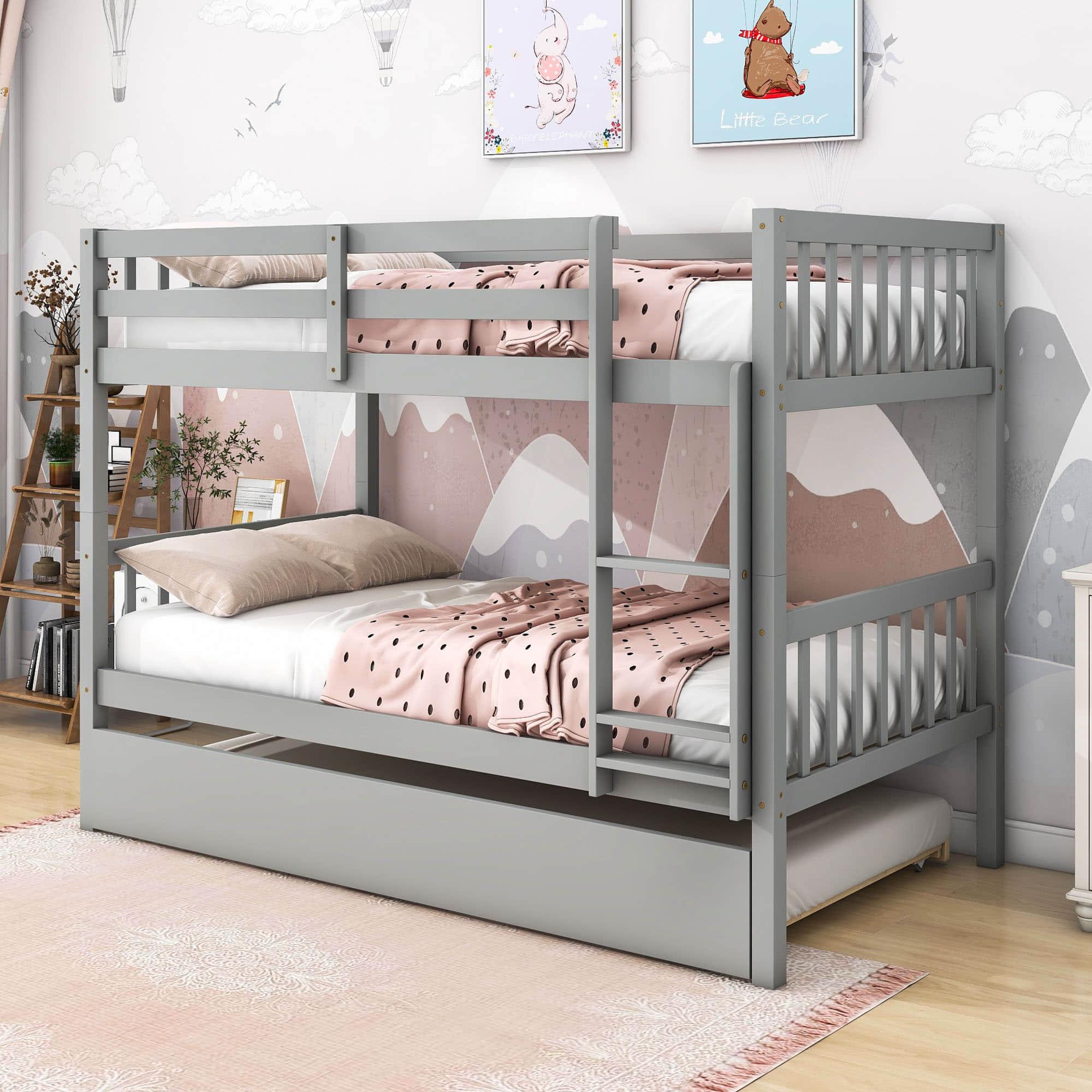 Convertible Twin Over Twin Bunk Beds with Trundle for Kids, Teens - [Solid Wood]