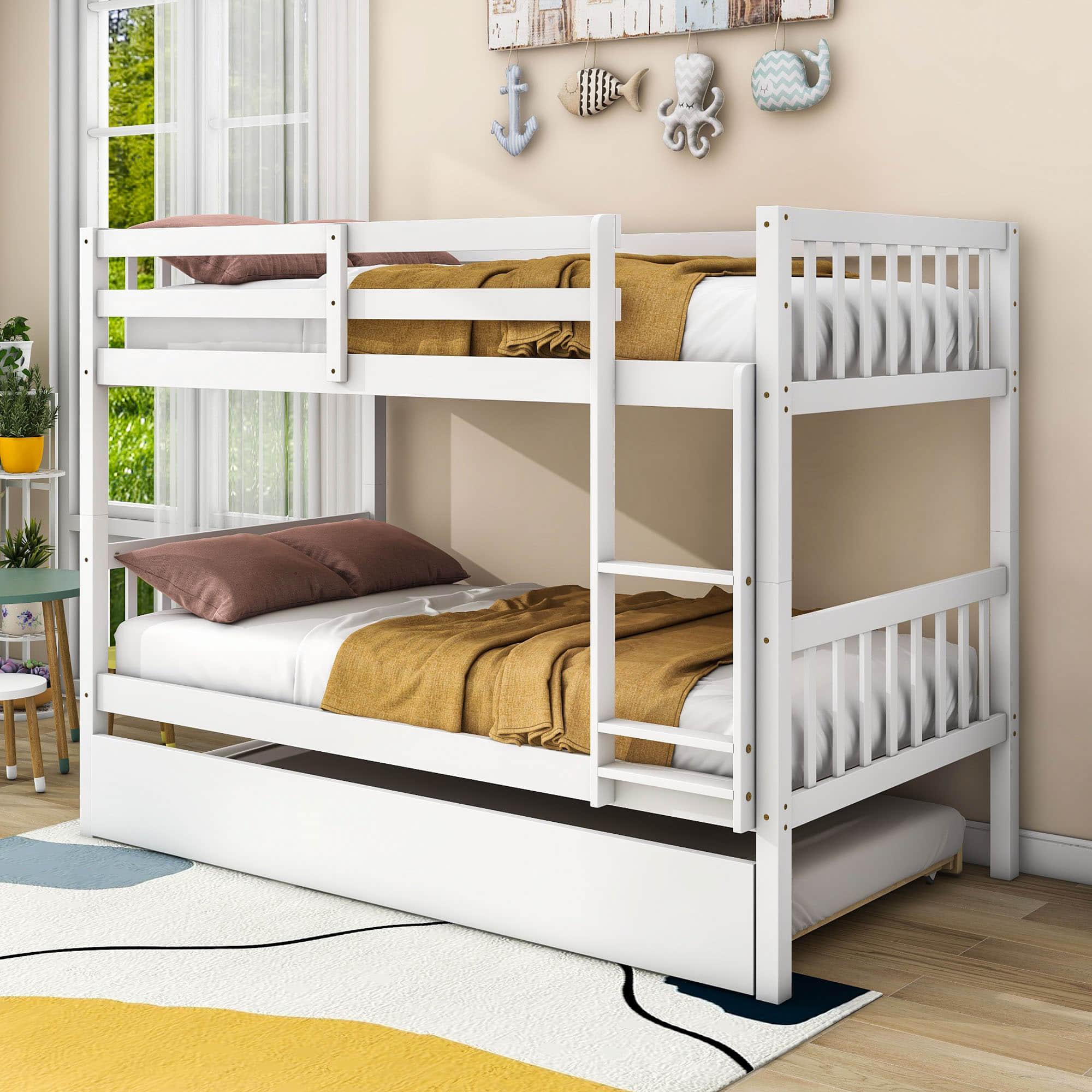 Convertible Twin Over Twin Bunk Beds with Trundle for Kids, Teens - [Solid Wood]