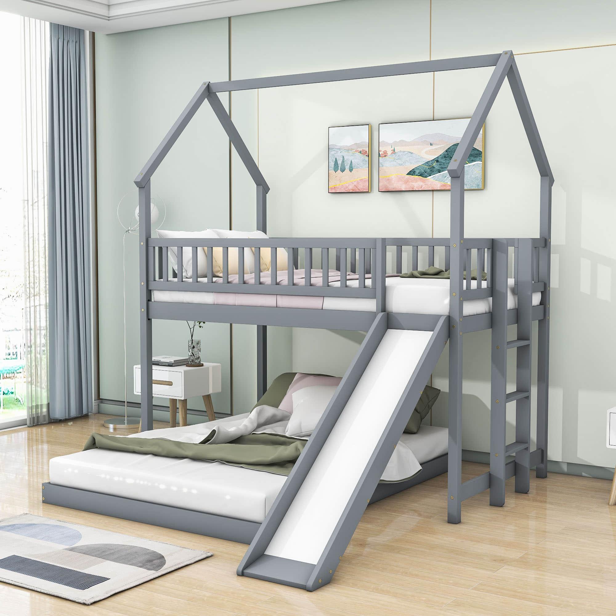 Modern Low Twin Over Full House Bunk Beds with Slide for Kids - [Wooden, Floor, L-Shaped]