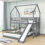 Modern Low Twin Over Full House Bunk Beds with Slide for Kids - [Wooden, Floor, L-Shaped]