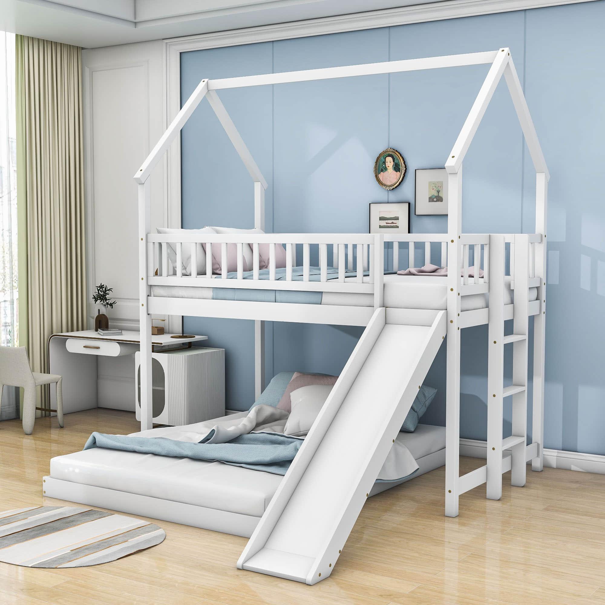 Modern Low Twin Over Full House Bunk Beds with Slide for Kids - [Wooden, Floor, L-Shaped]