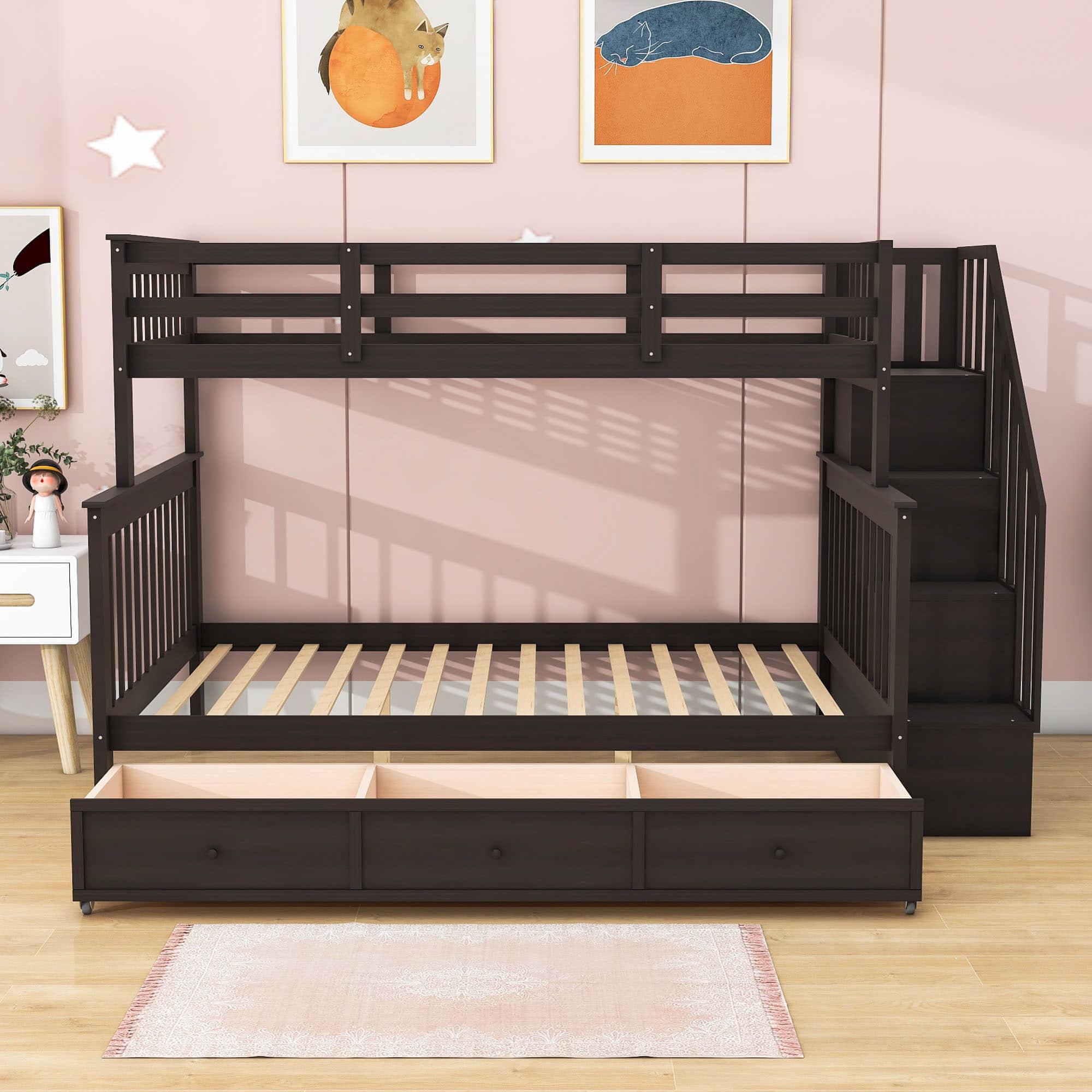 Twin Over Full Bunk Beds with Stairs and Storage Drawers, Shelves - [Convertible]