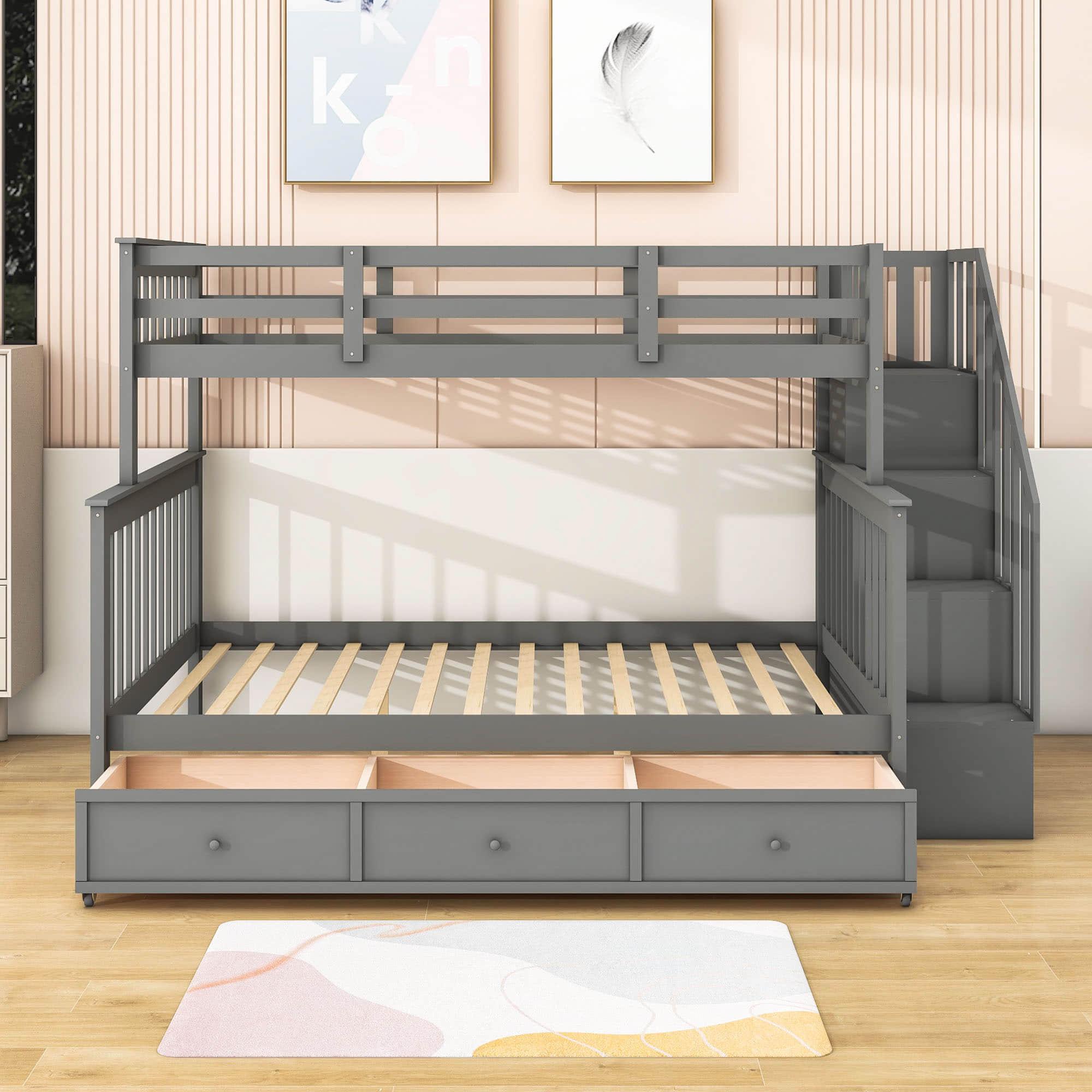 Twin Over Full Bunk Beds with Stairs and Storage Drawers, Shelves - [Convertible]