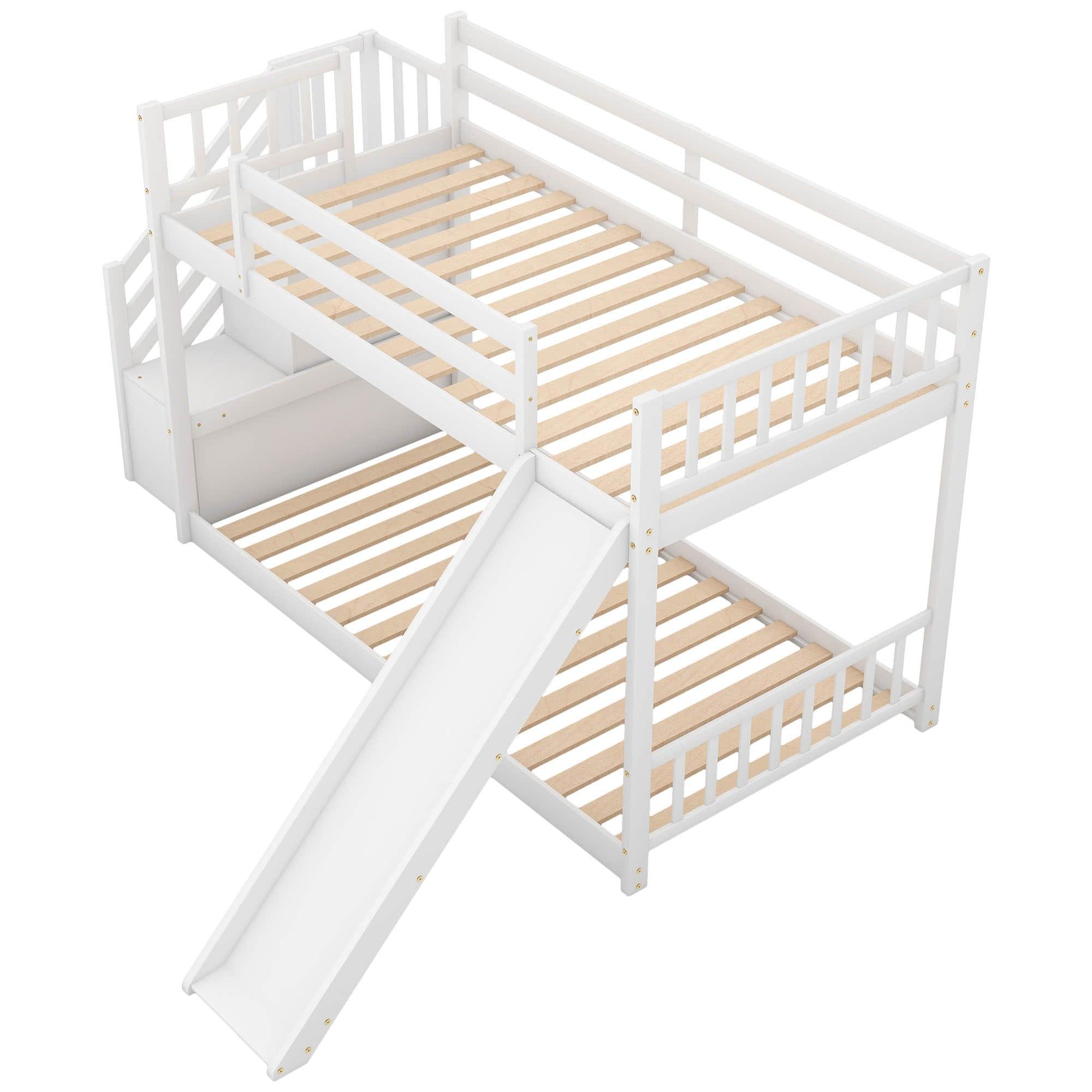 Low Twin Over Twin Toddler Bunk Beds with Stairs and Slide - [Floor]