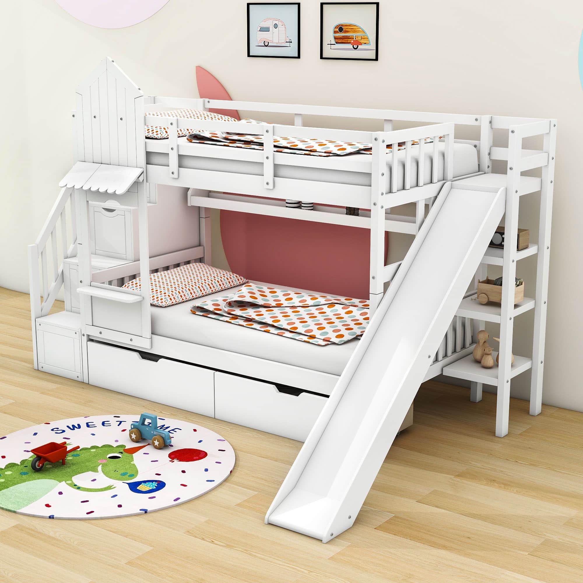 Girls Twin Over Twin Castle Bunk Bed with Slide and Stairs, Storage