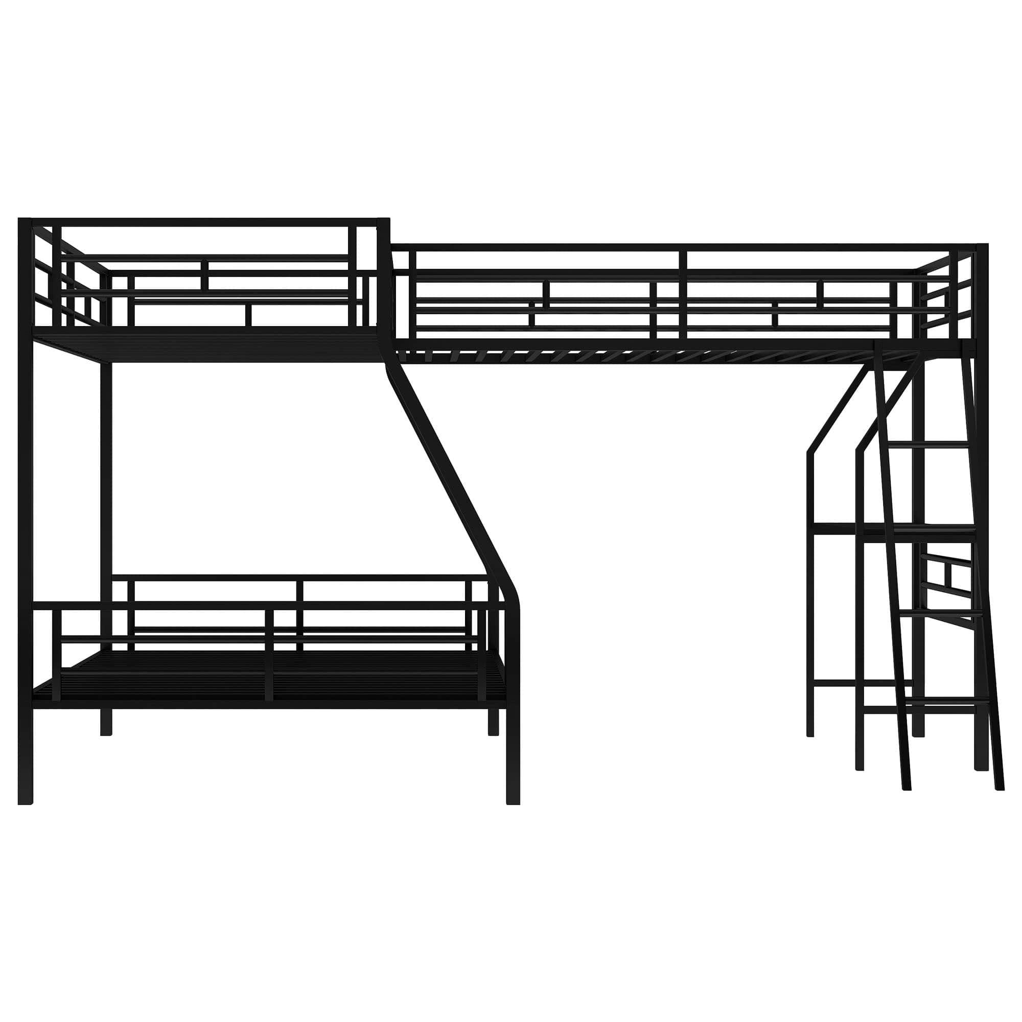 Twin Over Full Corner Loft Triple Bunk Beds with Desk - [Metal, Black]