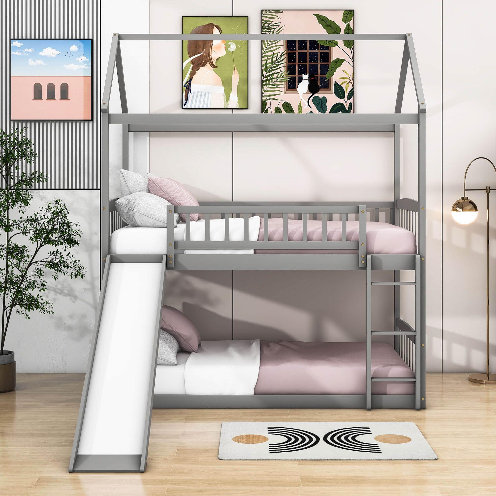 Twin Over Twin Low House Bunk Bed with Slide and Ladder - [Floor, Interchangeable]