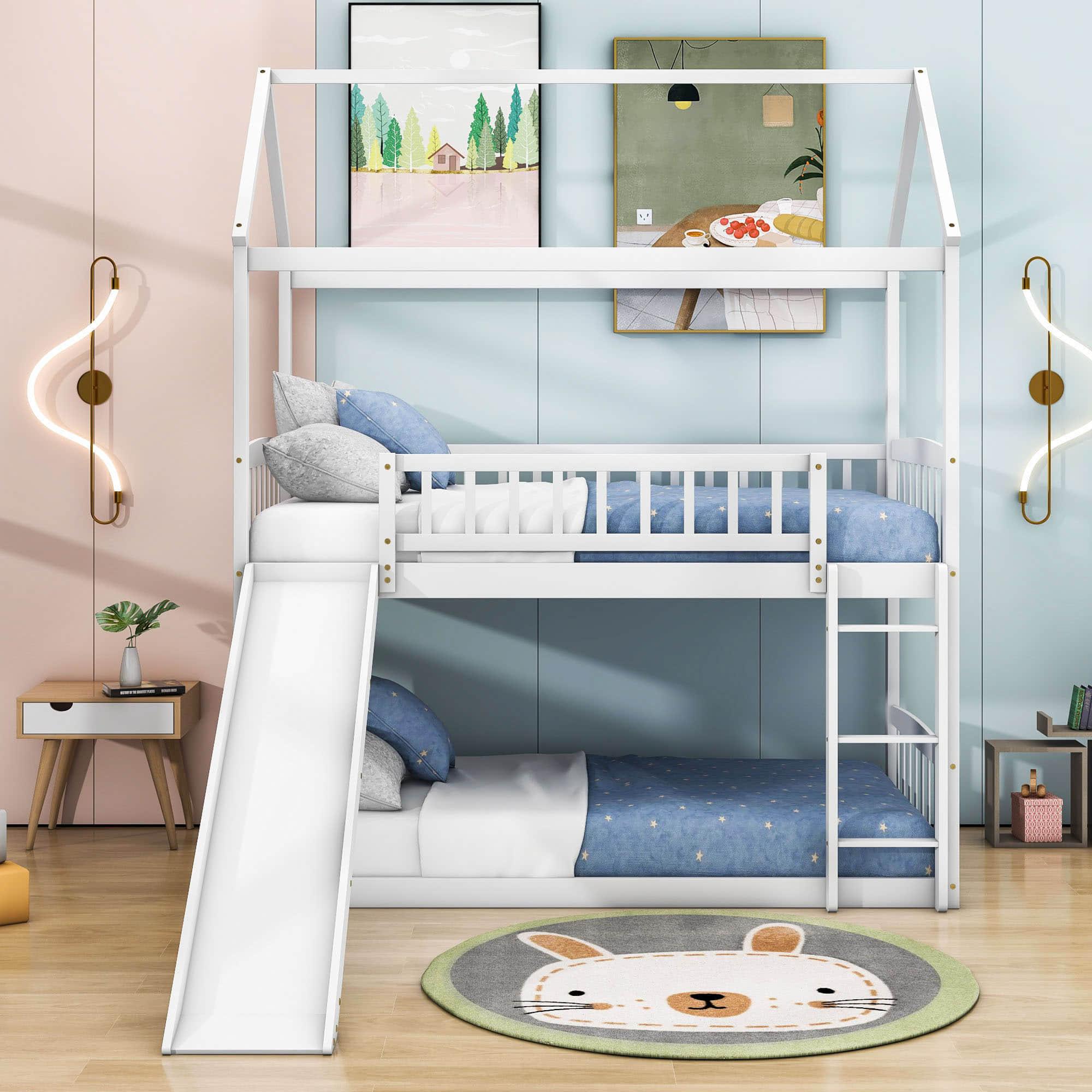 Twin Over Twin Low House Bunk Bed with Slide and Ladder - [Floor, Interchangeable]