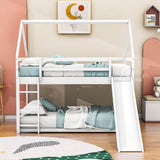 Twin Over Twin House Low Bunk Bed with Slide and Ladder - [Floor, Wood]