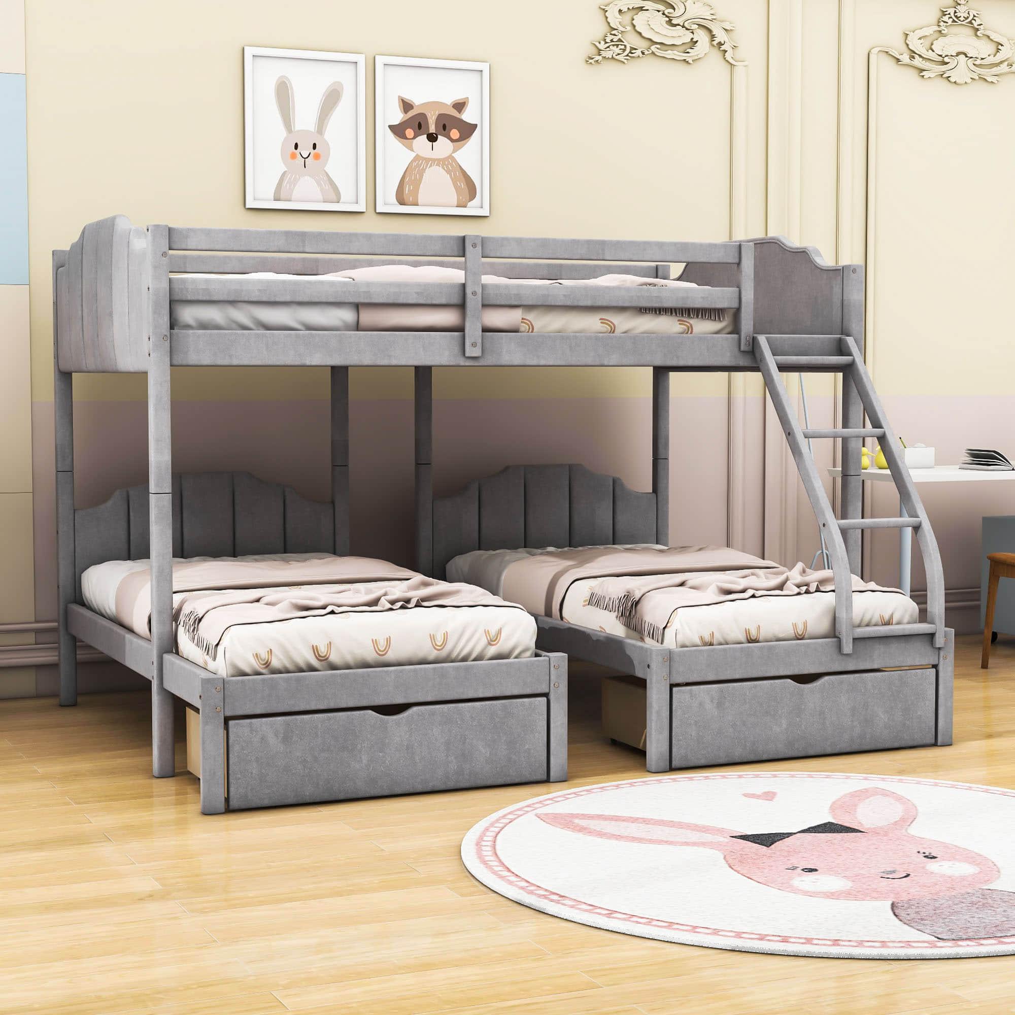 Upholstered Full Over Twin & Twin Triple Bunk Bed with Storage - [Drawers, L-Shaped]