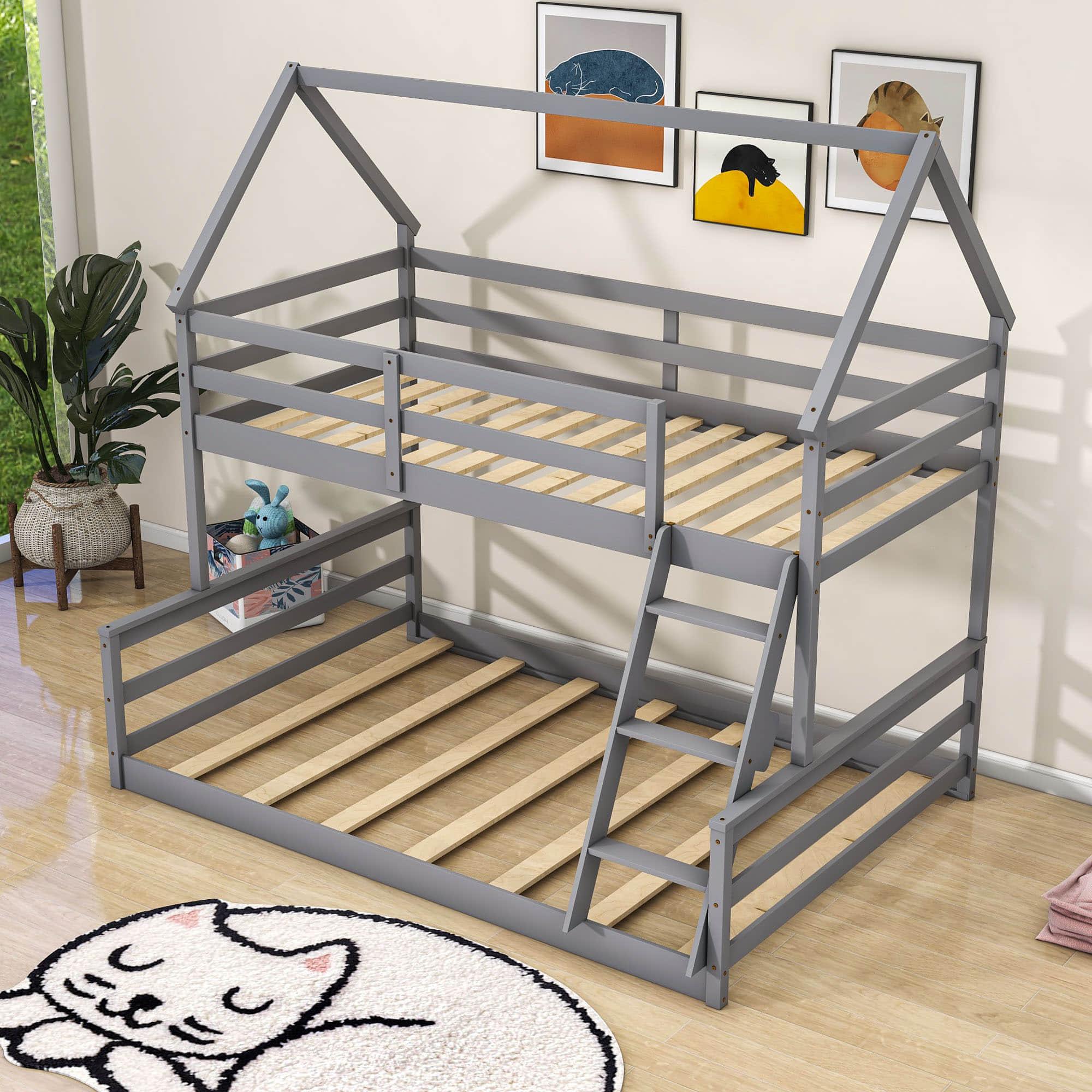 Montessori Low Twin Over Full House Bunk Beds for Kids Toddler - [Wooden, Convertible]