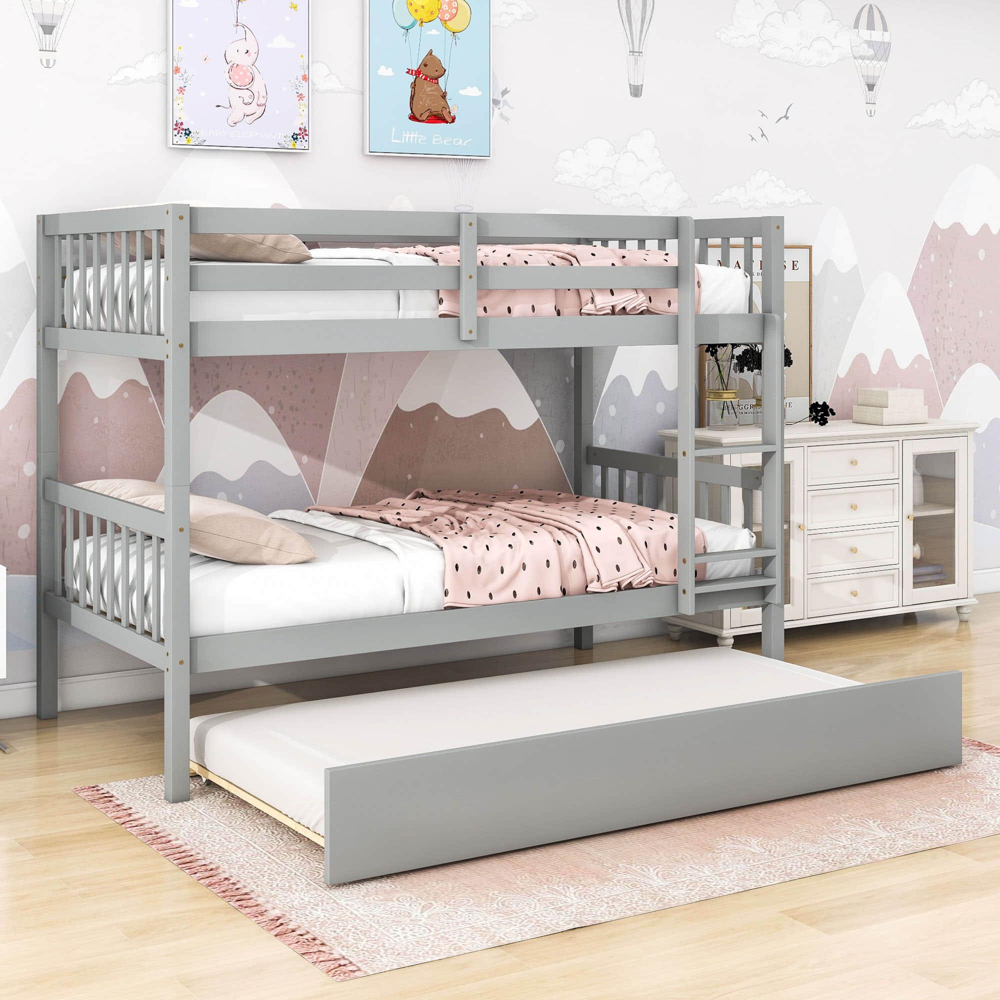 Convertible Twin Over Twin Bunk Beds with Trundle for Kids, Teens - [Solid Wood]