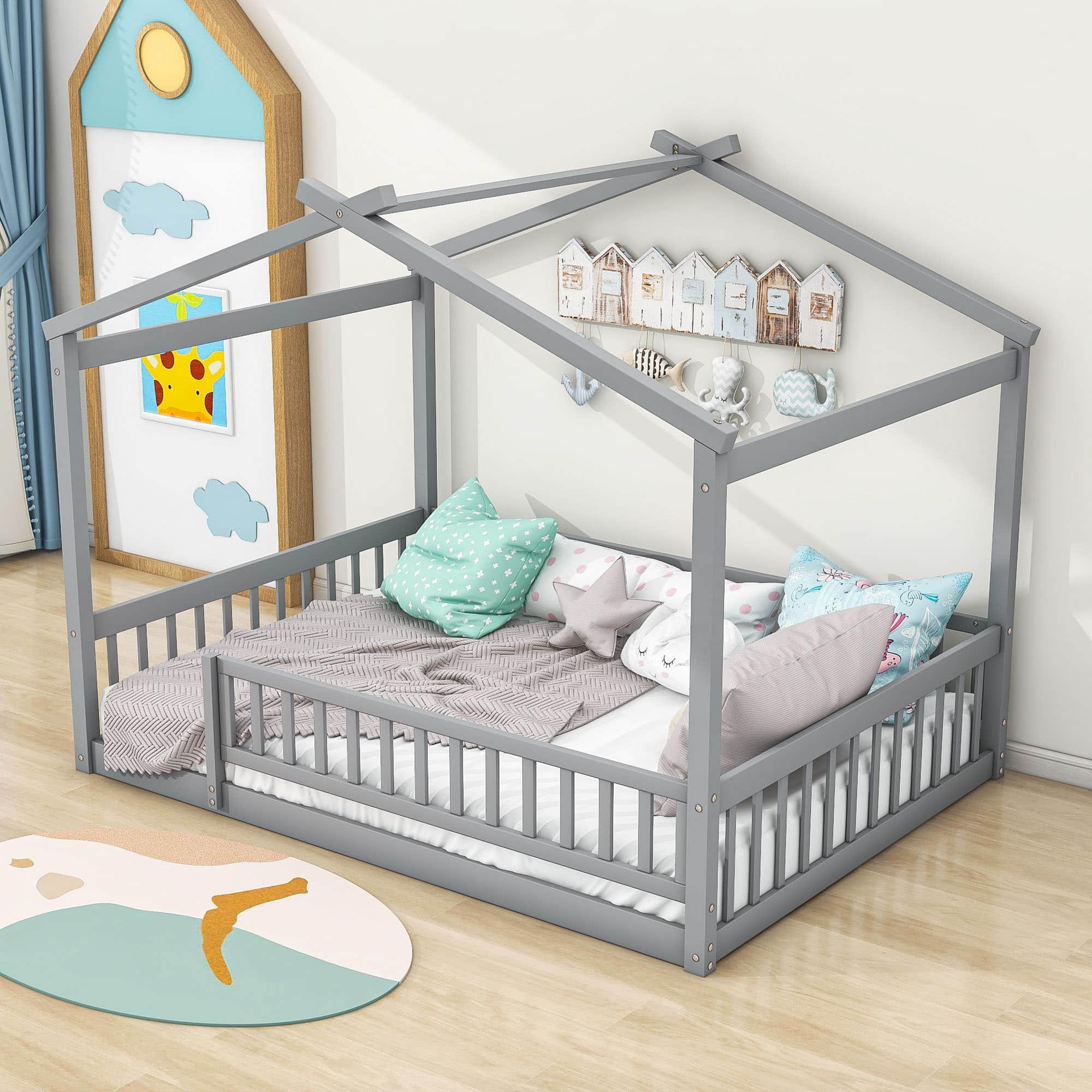 Full Size Wood House Kids Toddler Floor Bed with Rails