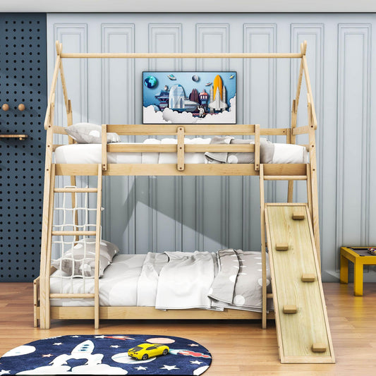 Low Twin Over Queen House Bunk Beds with Climbing Ramp & Nets - [Wooden]