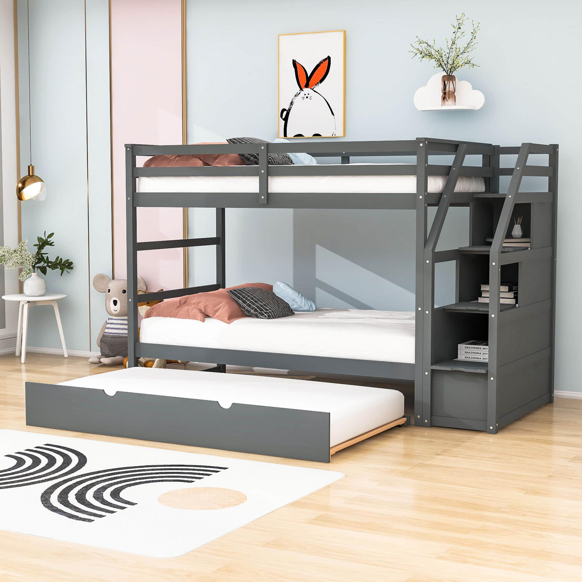 Low Twin Over Twin Bunk Beds for Kids with Storage Stairs and Trundle