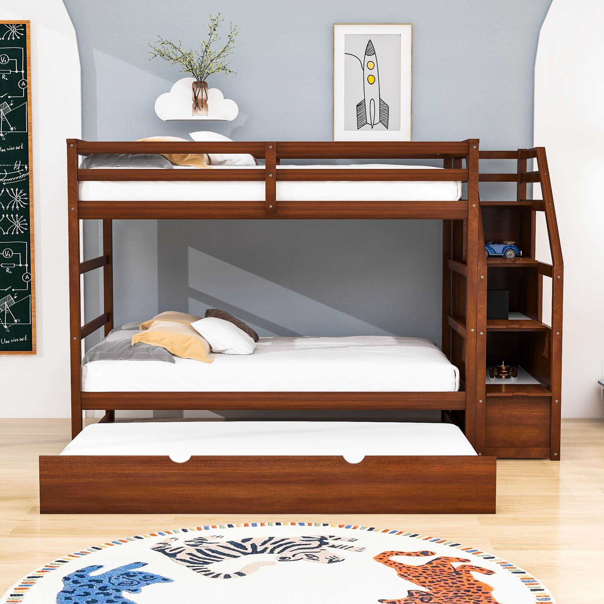 Low Twin Over Twin Bunk Beds for Kids with Storage Stairs and Trundle