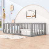 Wood Twin Size Montessori Toddler Floor Bed Frame with Rails and Door