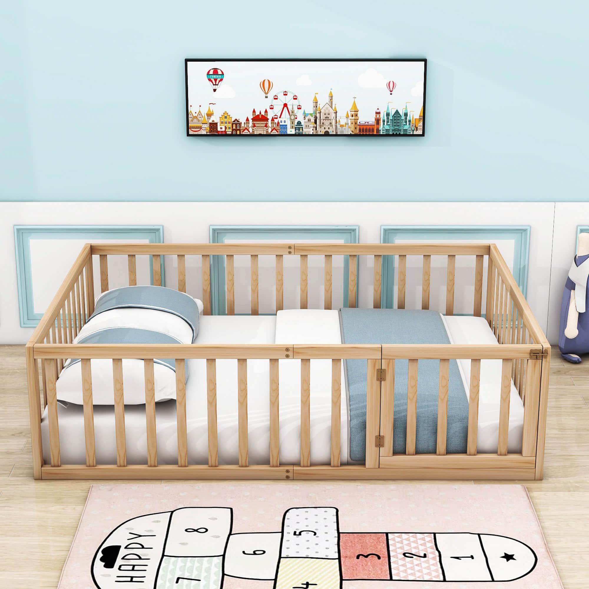 Wooden Full Size Floor Toddler Bed with Rails